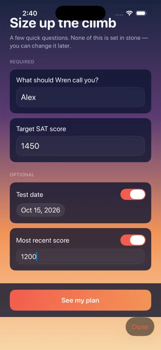 Climb onboarding screen asking for target SAT score and test date
