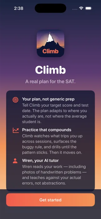 Climb intro screen: your plan not generic prep, practice that compounds, Wren your AI tutor