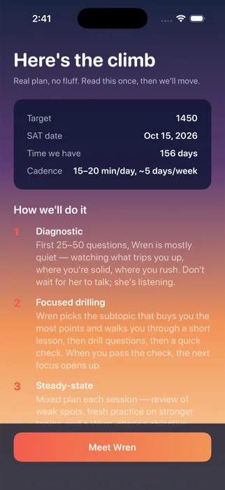 Climb plan screen showing target score, test date, days remaining, and the three-stage study approach