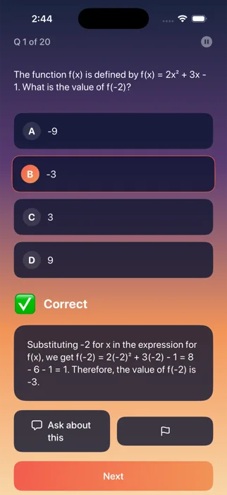 Climb practice question screen with multiple-choice answers, correct-answer confirmation, and a worked explanation