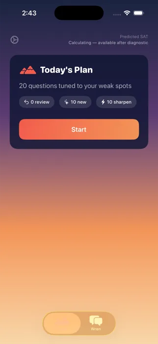 Climb today's plan screen showing a mix of review, new, and sharpen questions sized to the day
